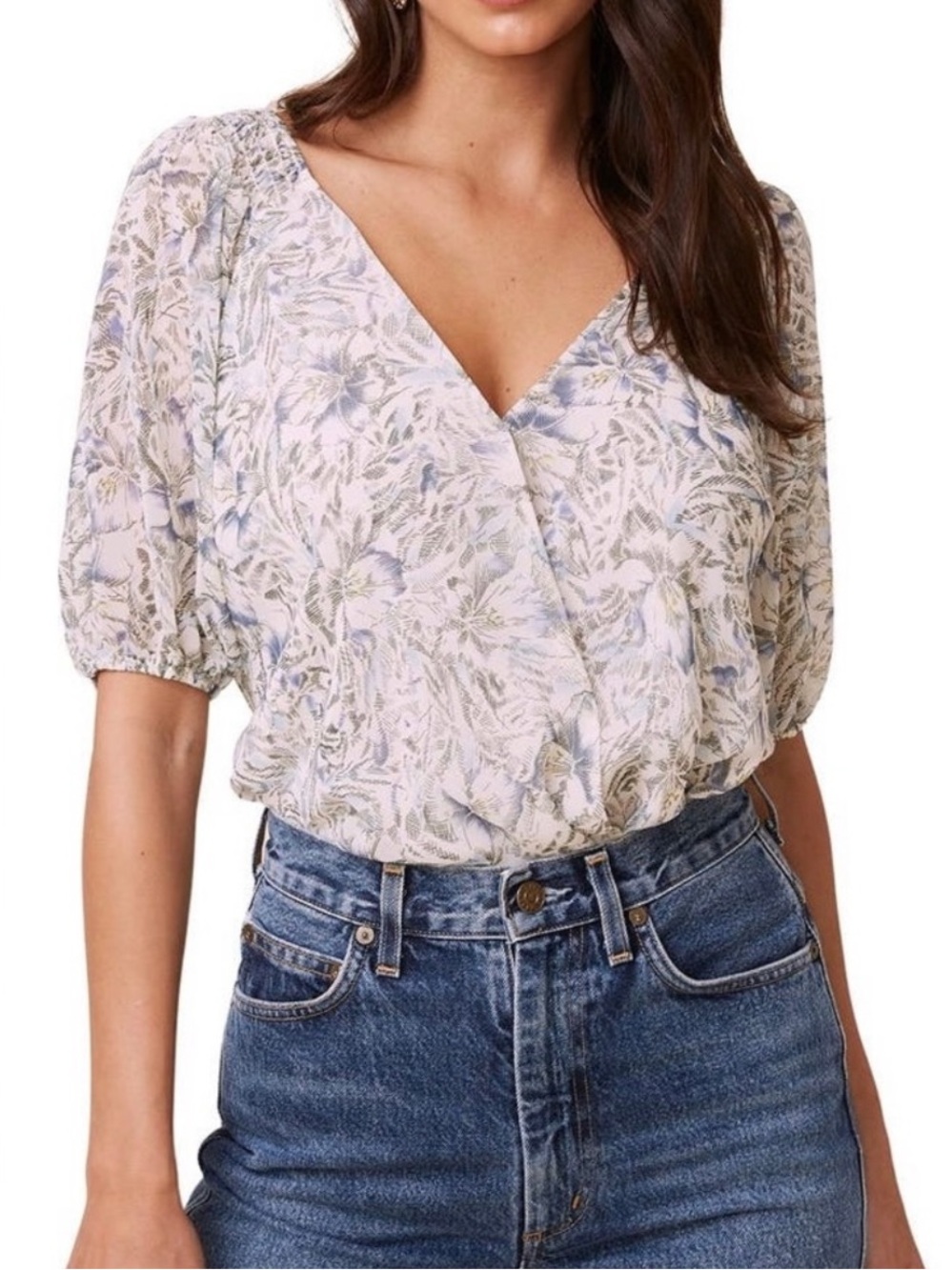 Astr the Label Cream Floral Wrap Puff Sleeve Blouse with Blue Accents Bodysuit